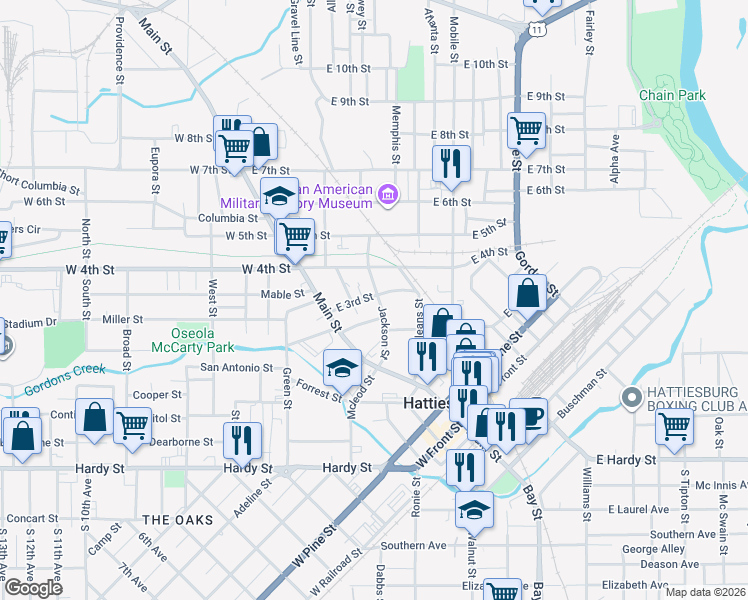 map of restaurants, bars, coffee shops, grocery stores, and more near 124 Melrose St in Hattiesburg