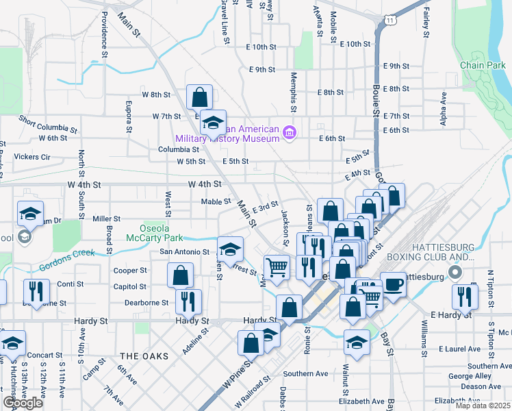 map of restaurants, bars, coffee shops, grocery stores, and more near 867 Main Street in Hattiesburg