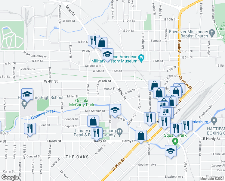 map of restaurants, bars, coffee shops, grocery stores, and more near 102 W 3rd St in Hattiesburg