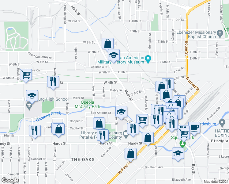 map of restaurants, bars, coffee shops, grocery stores, and more near 202 Walley Street in Hattiesburg