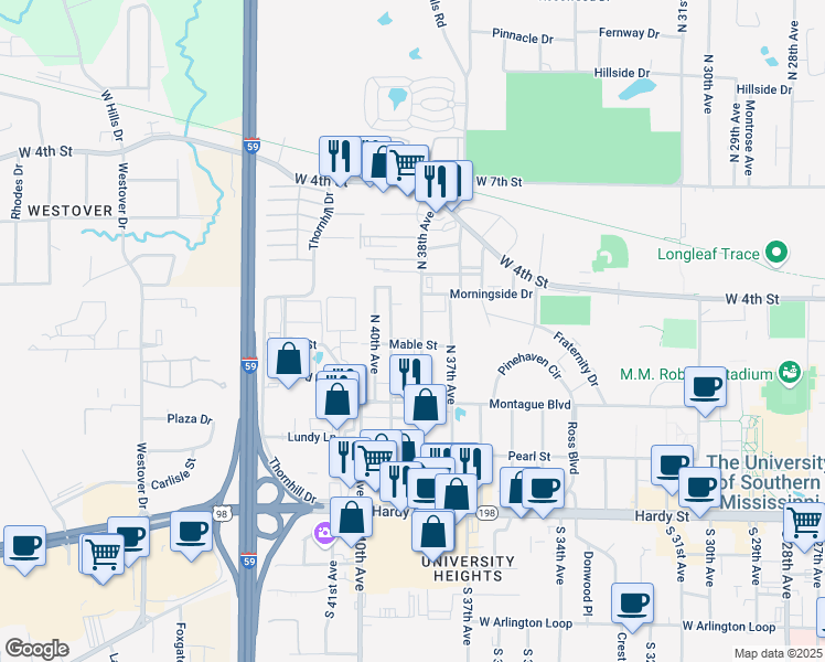 map of restaurants, bars, coffee shops, grocery stores, and more near 400 North 38th Avenue in Hattiesburg