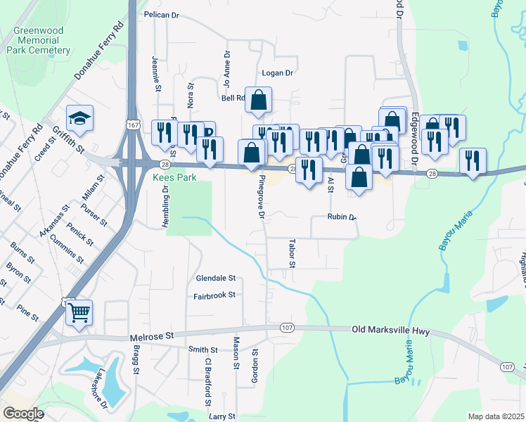 map of restaurants, bars, coffee shops, grocery stores, and more near in Pineville