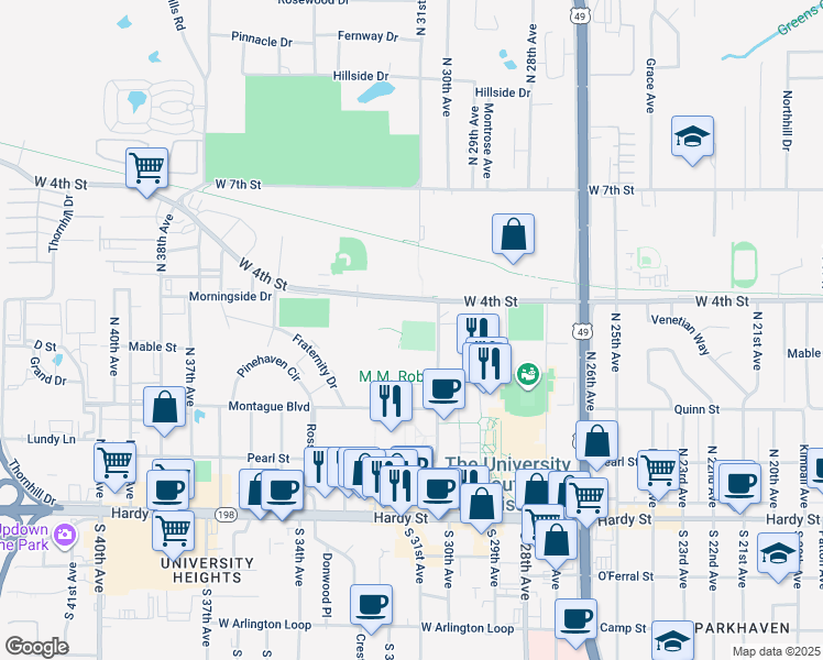 map of restaurants, bars, coffee shops, grocery stores, and more near 118 College Drive in Hattiesburg