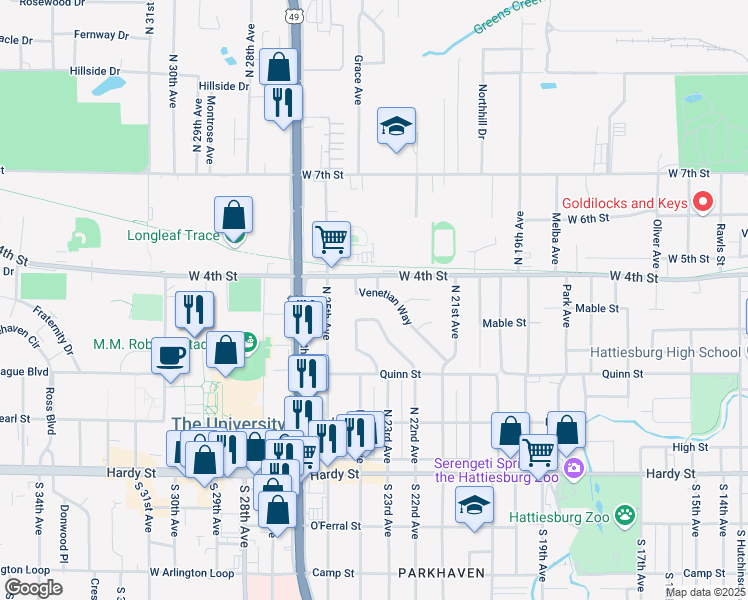map of restaurants, bars, coffee shops, grocery stores, and more near 331 Emerson Drive in Hattiesburg