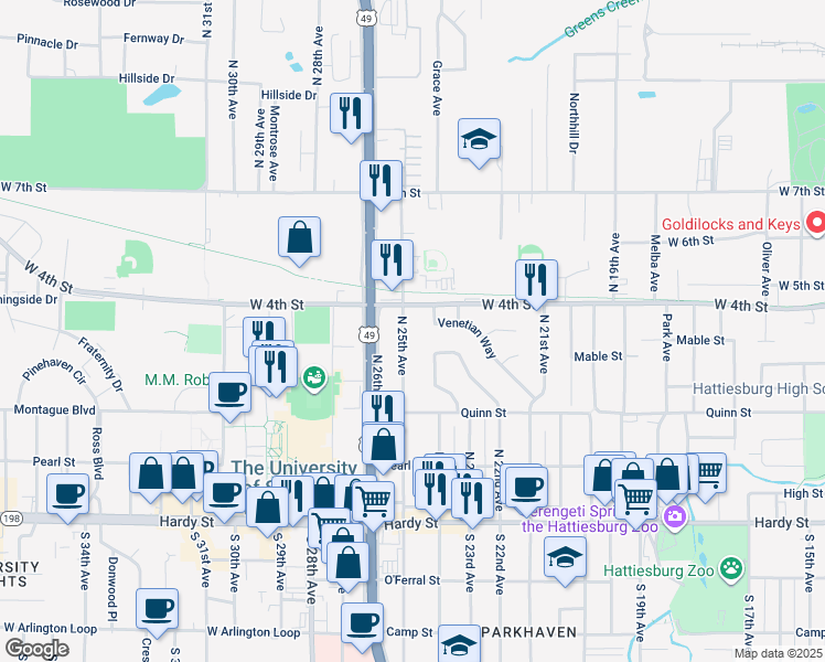 map of restaurants, bars, coffee shops, grocery stores, and more near 328 North 25th Avenue in Hattiesburg