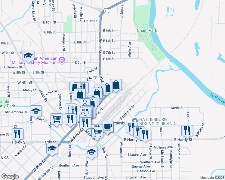 map of restaurants, bars, coffee shops, grocery stores, and more near 700 East Pine Street in Hattiesburg