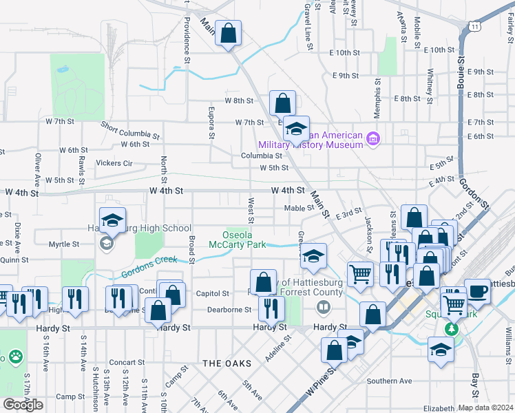 map of restaurants, bars, coffee shops, grocery stores, and more near 309 Mable Street in Hattiesburg