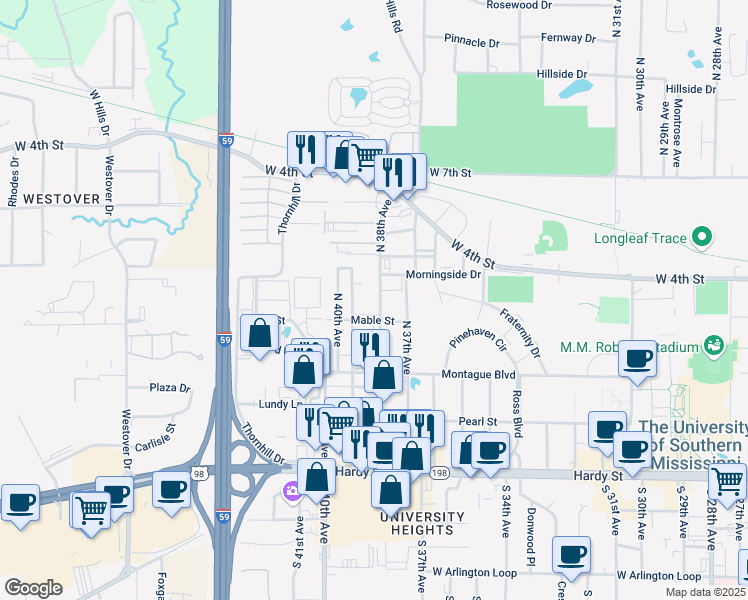 map of restaurants, bars, coffee shops, grocery stores, and more near 400 North 38th Avenue in Hattiesburg