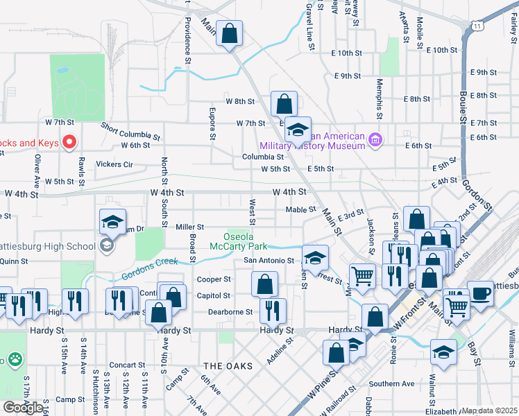 map of restaurants, bars, coffee shops, grocery stores, and more near 309 Mable Street in Hattiesburg