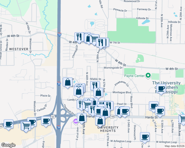 map of restaurants, bars, coffee shops, grocery stores, and more near 400 North 38th Avenue in Hattiesburg
