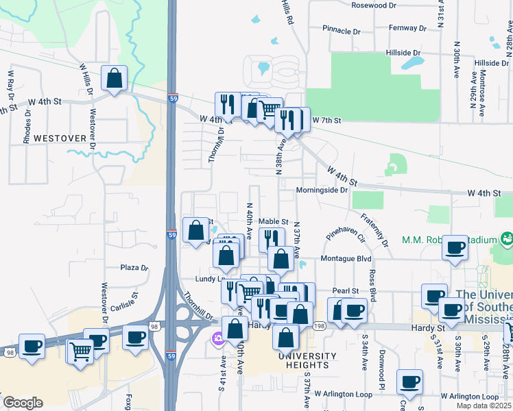 map of restaurants, bars, coffee shops, grocery stores, and more near 4001 Morningside Drive in Hattiesburg
