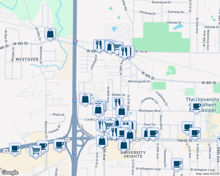 map of restaurants, bars, coffee shops, grocery stores, and more near 4001 Morningside Drive in Hattiesburg