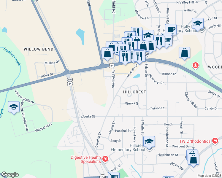 map of restaurants, bars, coffee shops, grocery stores, and more near 106 Shellfield Road in Enterprise