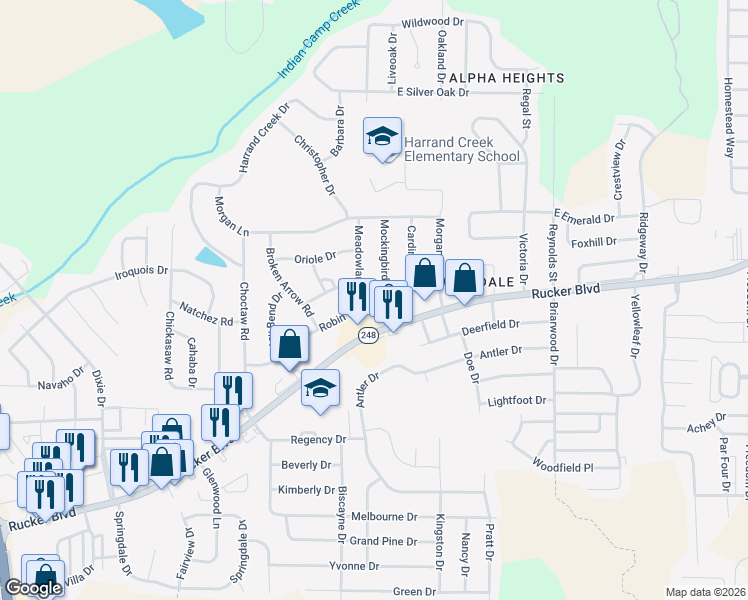 map of restaurants, bars, coffee shops, grocery stores, and more near 103 Mockingbird Lane in Enterprise