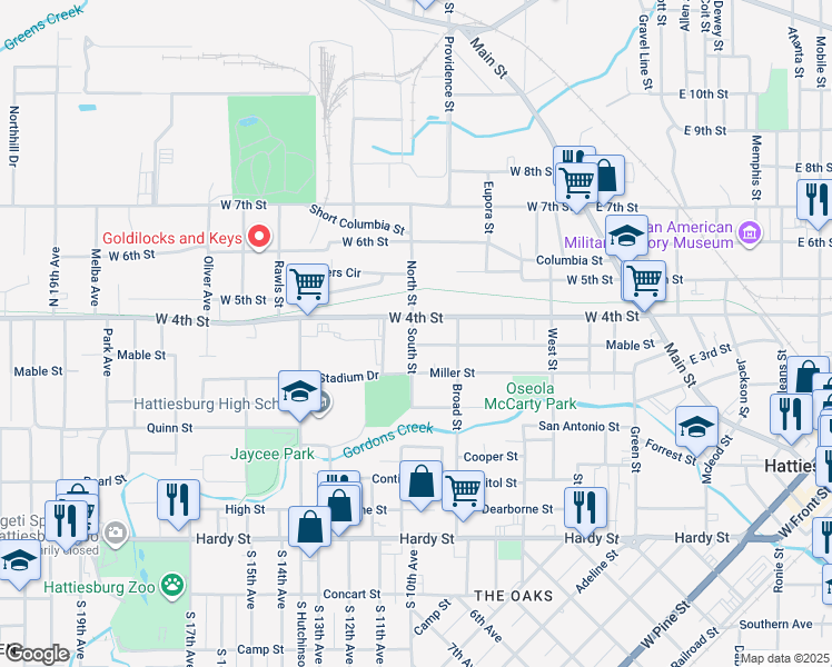 map of restaurants, bars, coffee shops, grocery stores, and more near 546 West 4th Street in Hattiesburg