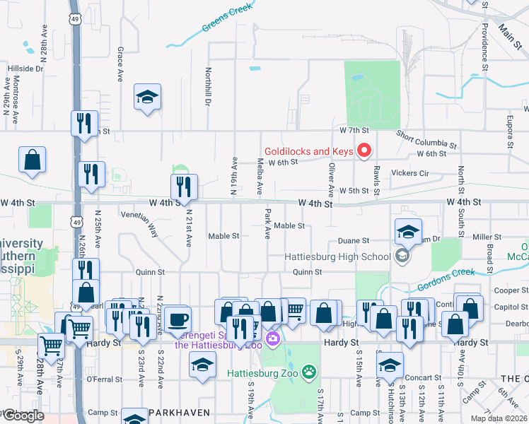 map of restaurants, bars, coffee shops, grocery stores, and more near 404 Park Avenue in Hattiesburg