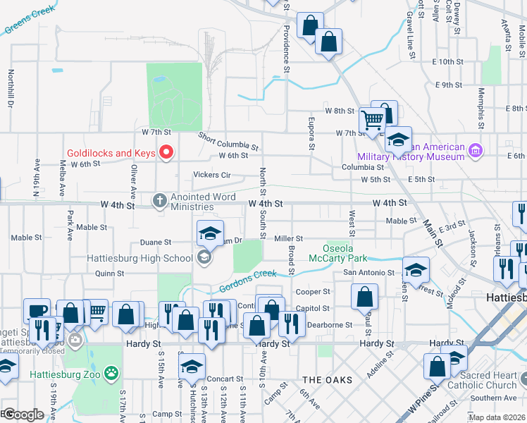 map of restaurants, bars, coffee shops, grocery stores, and more near 546 West 4th Street in Hattiesburg