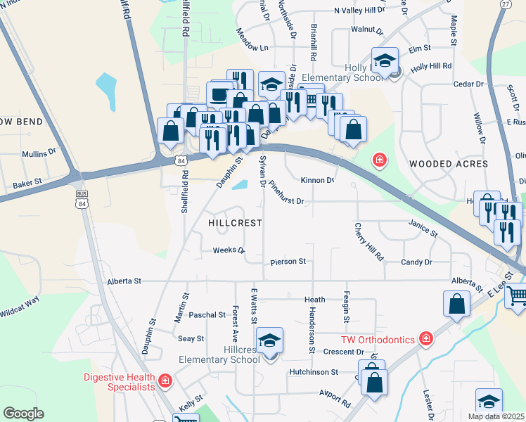 map of restaurants, bars, coffee shops, grocery stores, and more near 216 Sylvan Drive in Enterprise