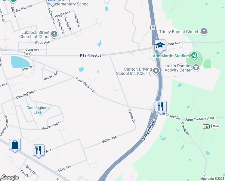 map of restaurants, bars, coffee shops, grocery stores, and more near 109 Shady Bend Drive in Lufkin