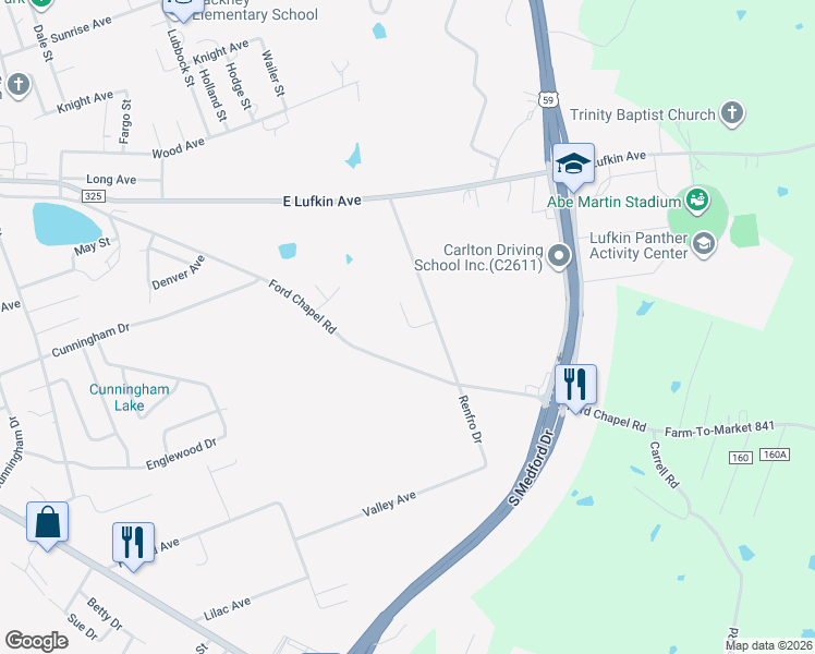 map of restaurants, bars, coffee shops, grocery stores, and more near 108 Shady Bend Drive in Lufkin