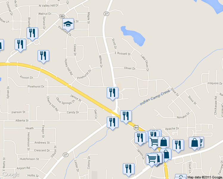map of restaurants, bars, coffee shops, grocery stores, and more near 101 Holly Hill Road in Enterprise