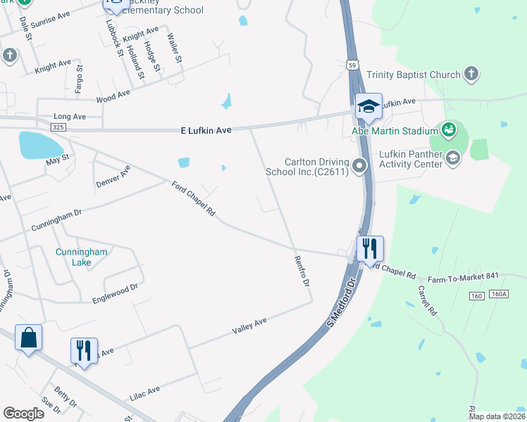 map of restaurants, bars, coffee shops, grocery stores, and more near 108 Shady Bend Drive in Lufkin