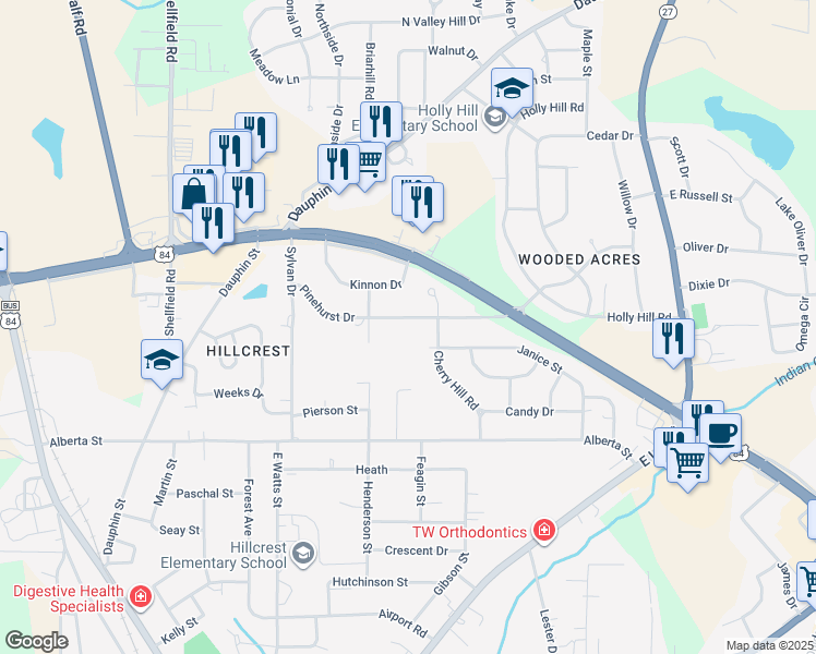 map of restaurants, bars, coffee shops, grocery stores, and more near 206 Pinehurst Drive in Enterprise