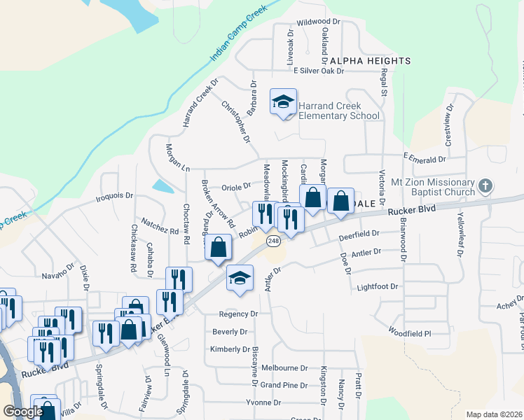 map of restaurants, bars, coffee shops, grocery stores, and more near 102 Skylark Drive in Enterprise