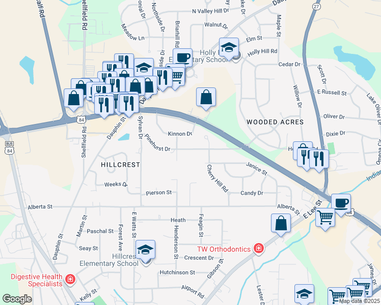 map of restaurants, bars, coffee shops, grocery stores, and more near 206 Pinehurst Drive in Enterprise