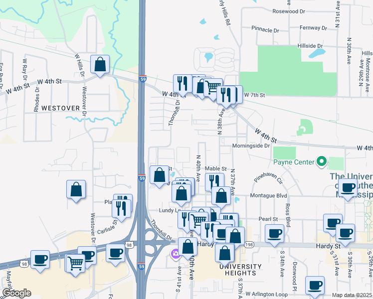 map of restaurants, bars, coffee shops, grocery stores, and more near 105 Doleac Drive in Hattiesburg