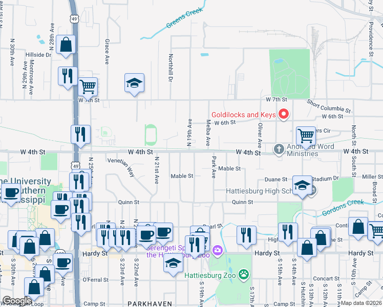 map of restaurants, bars, coffee shops, grocery stores, and more near in Hattiesburg