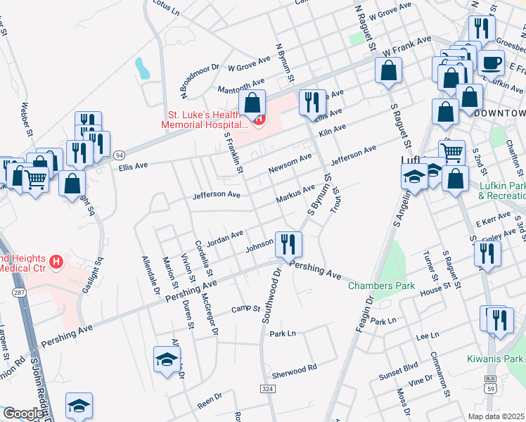 map of restaurants, bars, coffee shops, grocery stores, and more near 809 Markus Avenue in Lufkin
