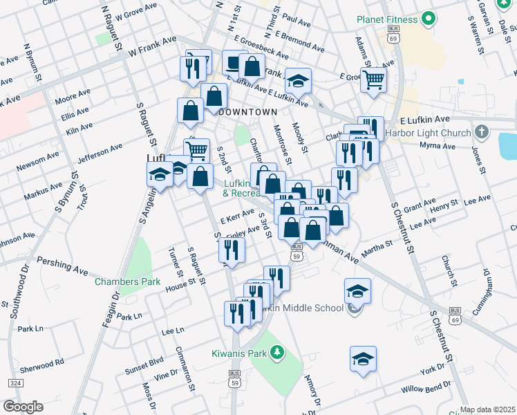 map of restaurants, bars, coffee shops, grocery stores, and more near 299 East Kerr Avenue in Lufkin