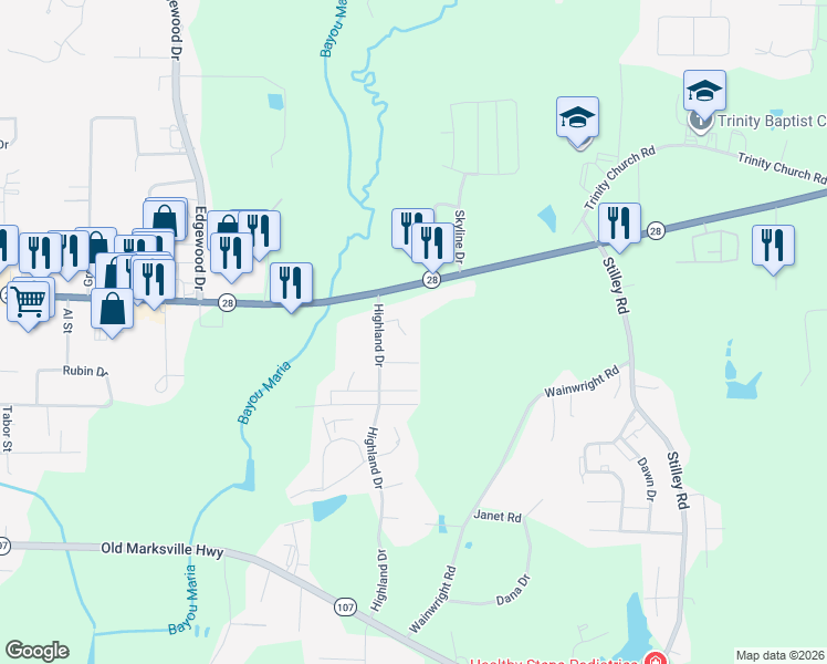 map of restaurants, bars, coffee shops, grocery stores, and more near 3241 Cloverland Drive in Pineville