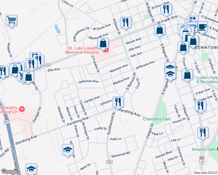 map of restaurants, bars, coffee shops, grocery stores, and more near 809 Markus Avenue in Lufkin