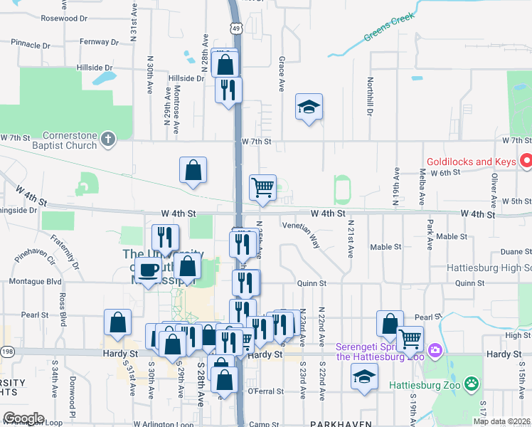 map of restaurants, bars, coffee shops, grocery stores, and more near 2307 West 4th Street in Hattiesburg