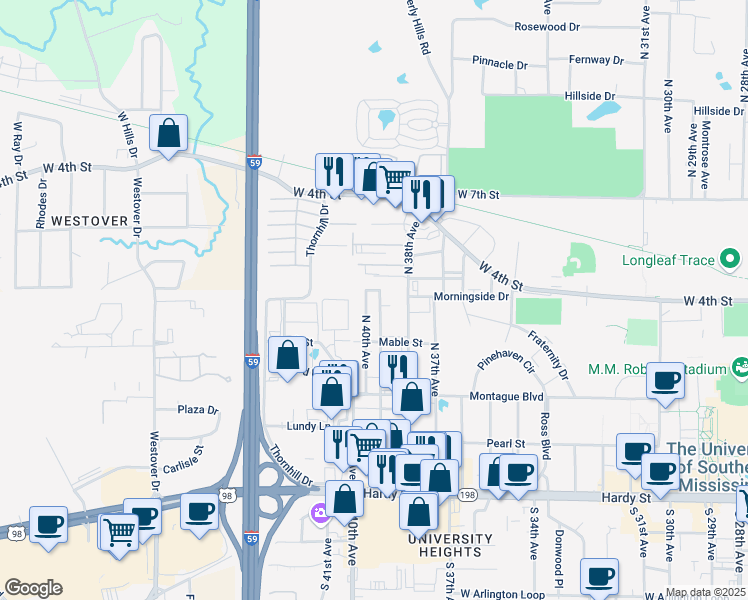 map of restaurants, bars, coffee shops, grocery stores, and more near 4001 Morningside Drive in Hattiesburg