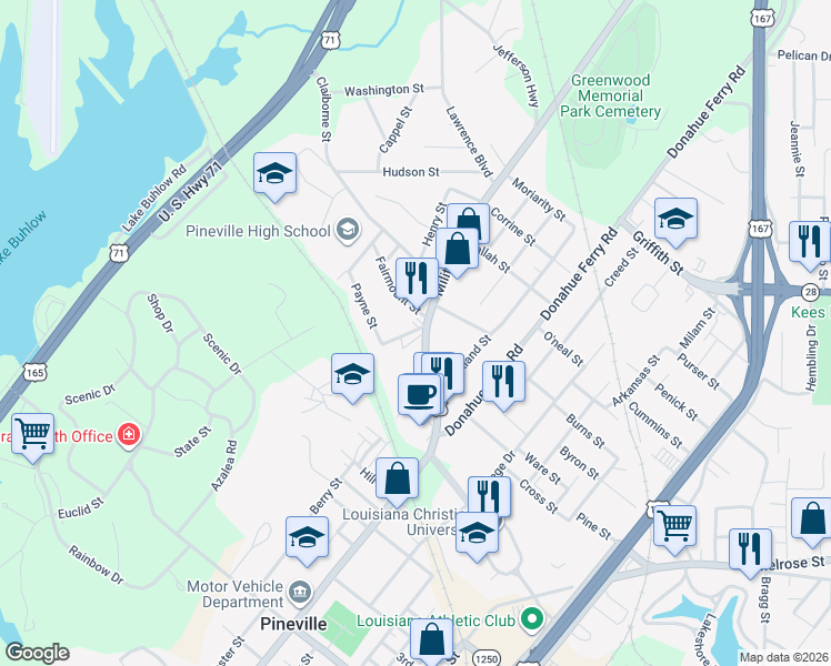 map of restaurants, bars, coffee shops, grocery stores, and more near 110 Beall St in Pineville