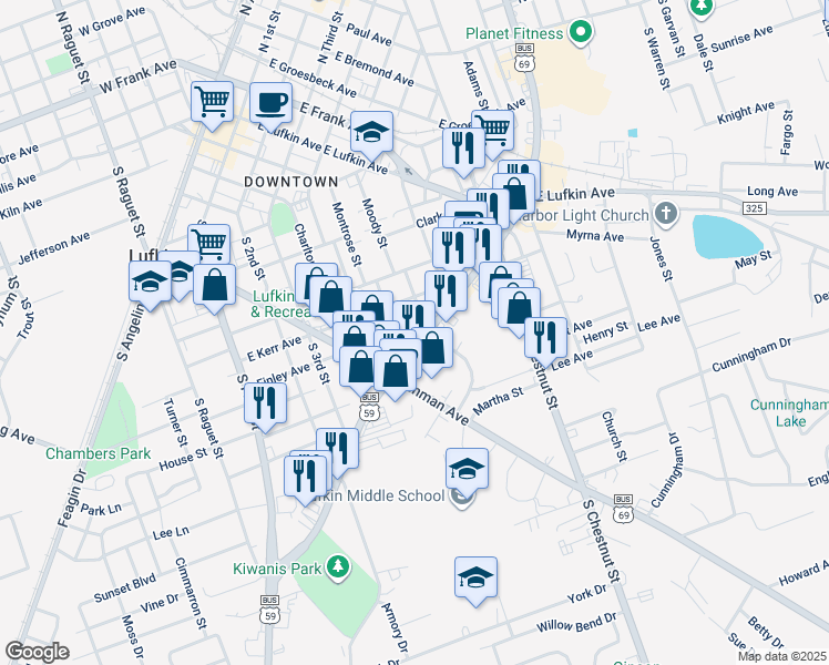 map of restaurants, bars, coffee shops, grocery stores, and more near 504 South Timberland Drive in Lufkin