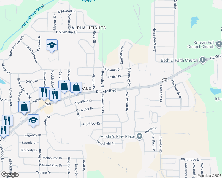 map of restaurants, bars, coffee shops, grocery stores, and more near 101 Woodberry Drive in Enterprise