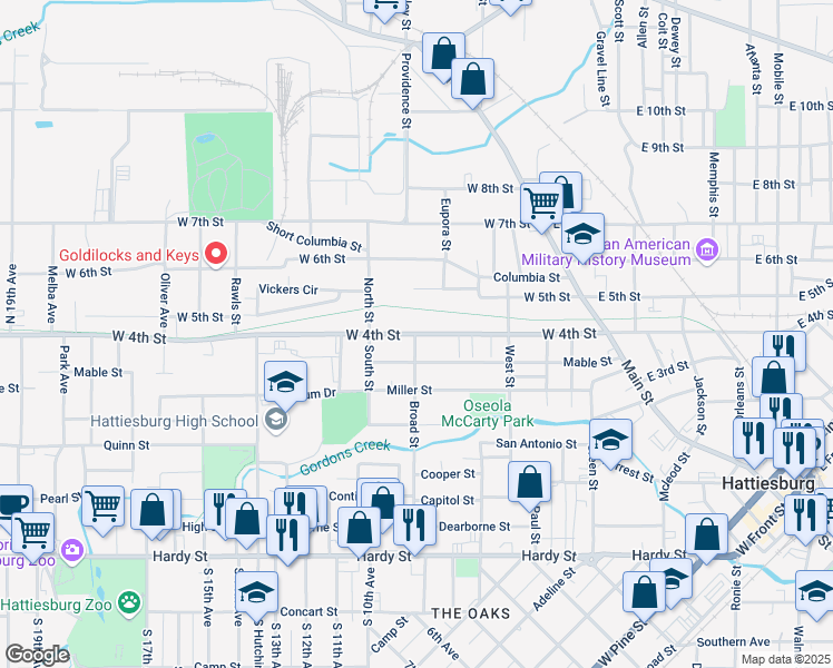 map of restaurants, bars, coffee shops, grocery stores, and more near 498 West 4th Street in Hattiesburg