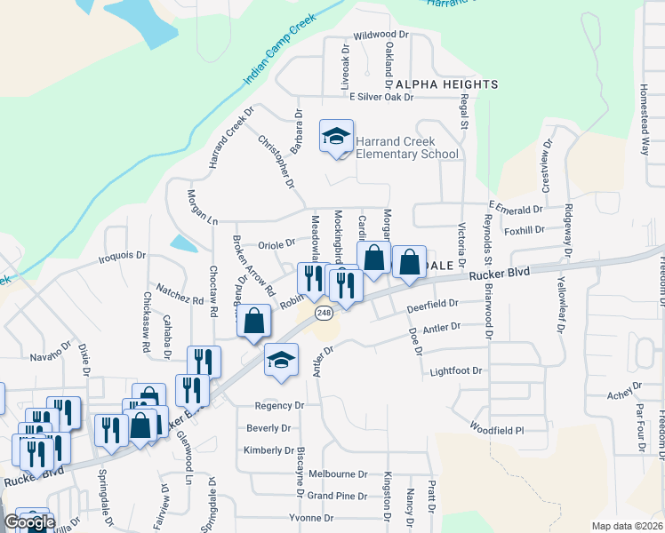 map of restaurants, bars, coffee shops, grocery stores, and more near 103 Mockingbird Lane in Enterprise