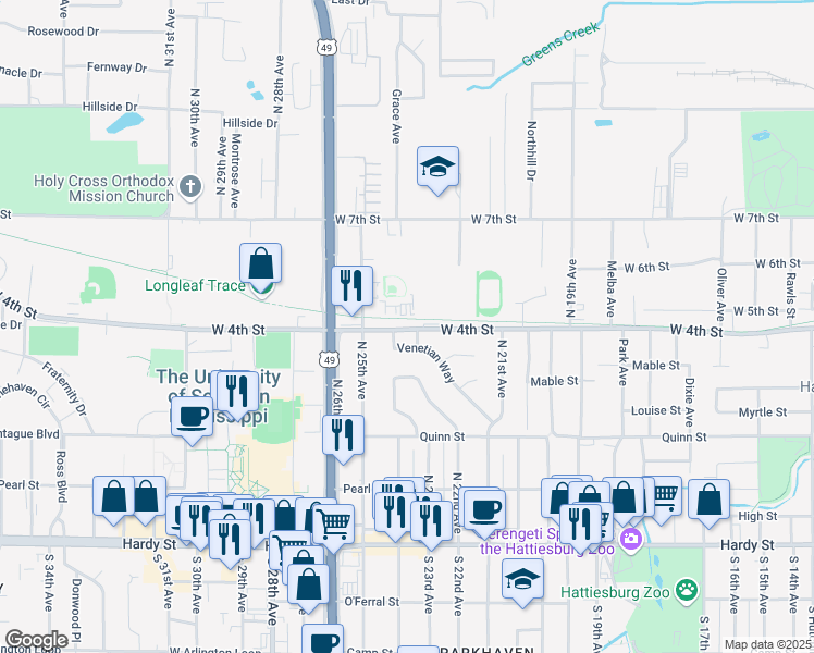 map of restaurants, bars, coffee shops, grocery stores, and more near 2405 West 4th Street in Hattiesburg
