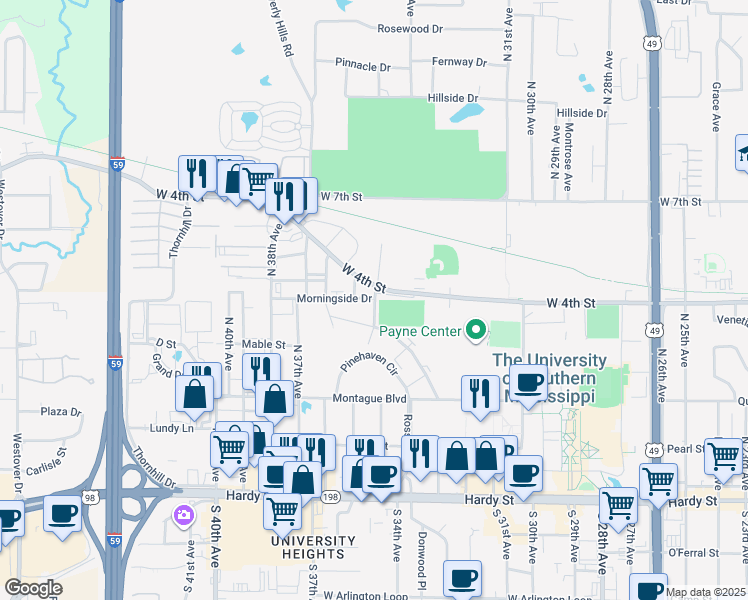map of restaurants, bars, coffee shops, grocery stores, and more near 3438-3498 Morningside Drive in Hattiesburg