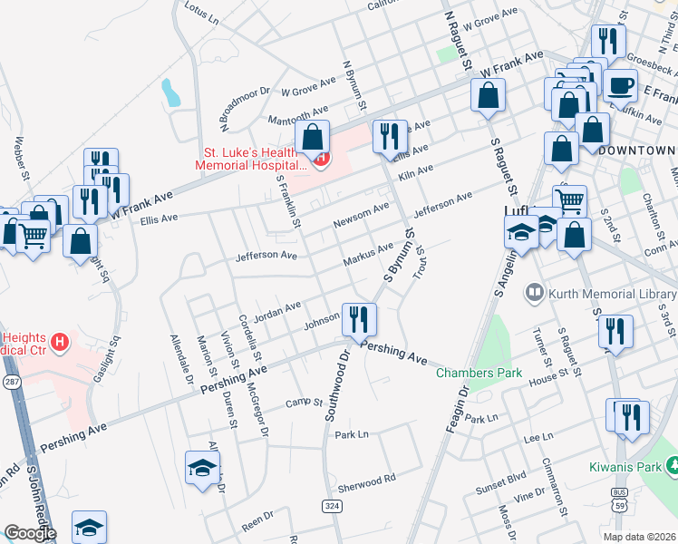map of restaurants, bars, coffee shops, grocery stores, and more near 809 Markus Avenue in Lufkin
