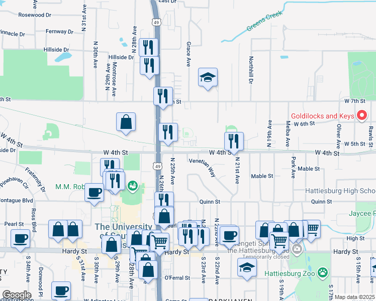 map of restaurants, bars, coffee shops, grocery stores, and more near 2405 West 4th Street in Hattiesburg