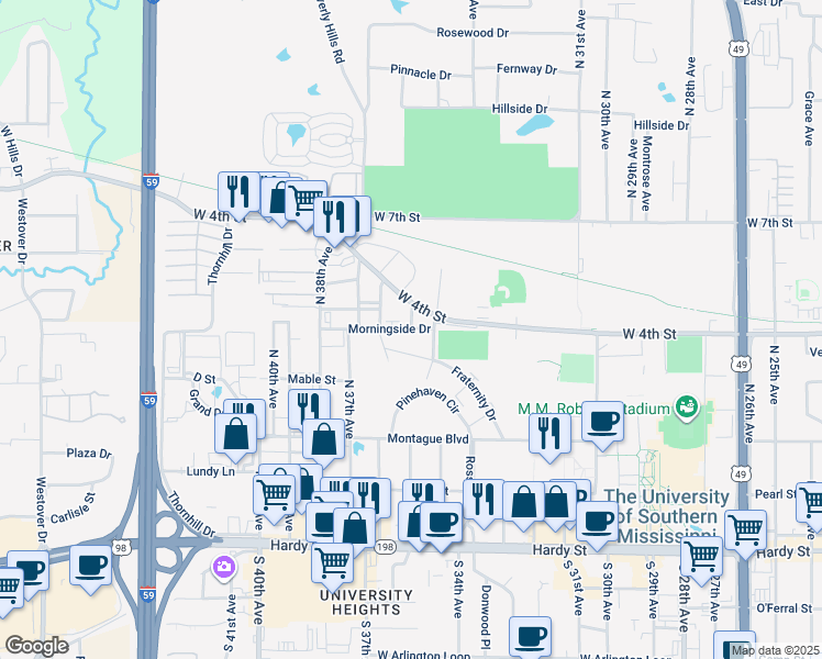 map of restaurants, bars, coffee shops, grocery stores, and more near 3498 Morningside Drive in Hattiesburg