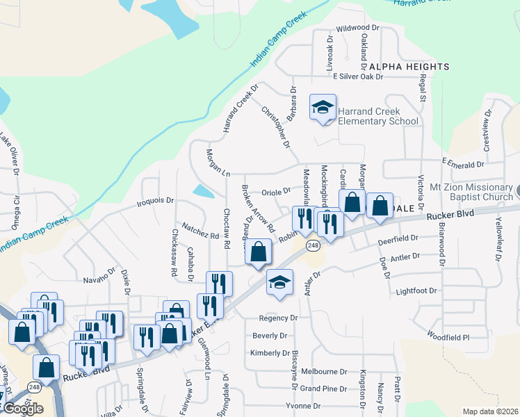 map of restaurants, bars, coffee shops, grocery stores, and more near 300 Broken Arrow Road in Enterprise