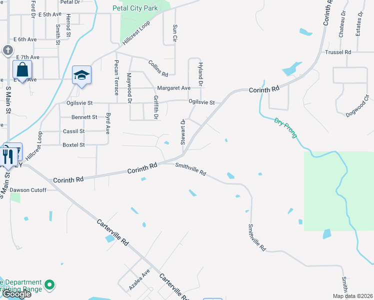 map of restaurants, bars, coffee shops, grocery stores, and more near 148 Old Corinth Rd in Petal