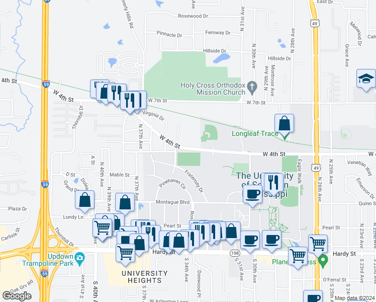 map of restaurants, bars, coffee shops, grocery stores, and more near 3314 West 4th Street in Hattiesburg